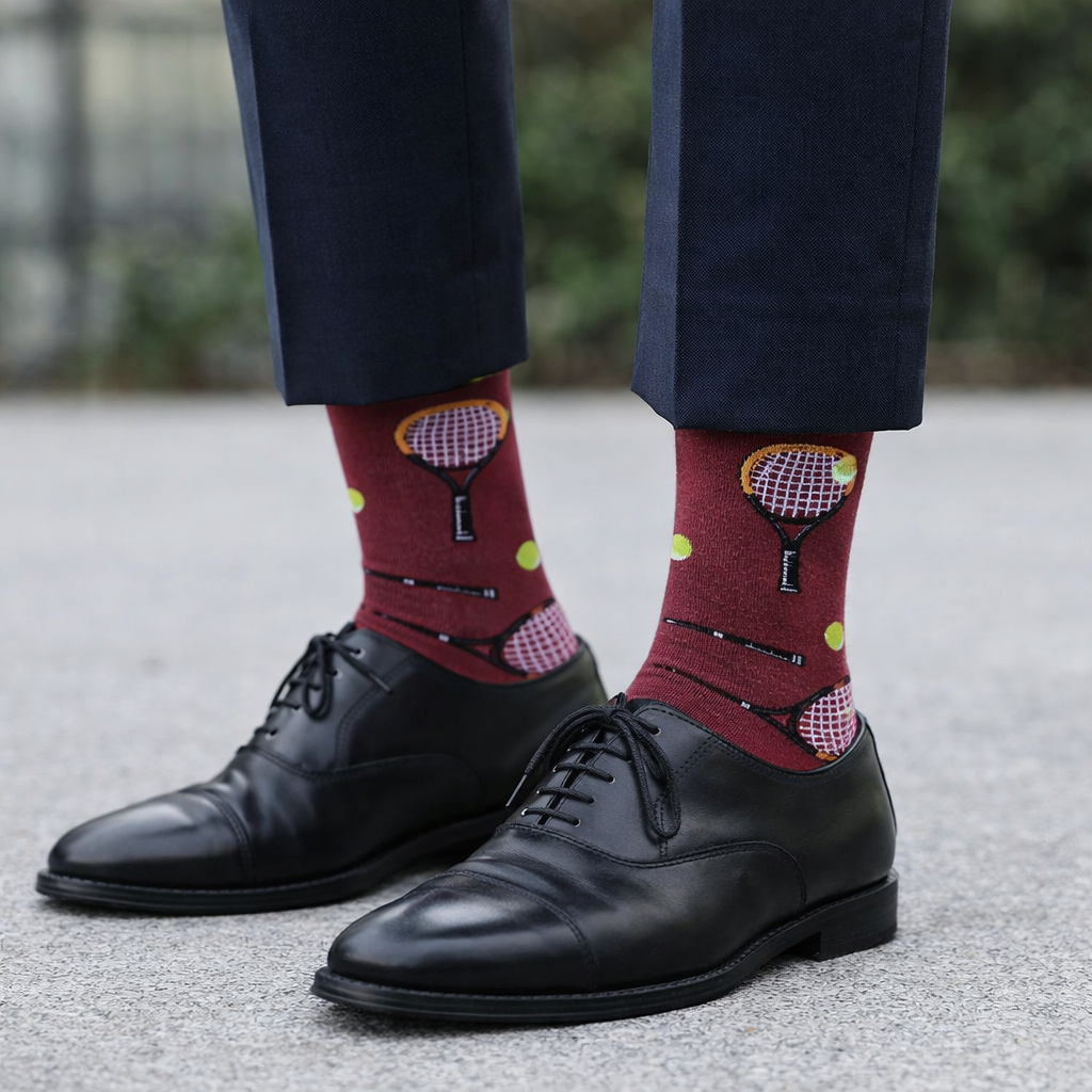 Person wearing black dress shoes and socks with tennis racket design on a blurred background