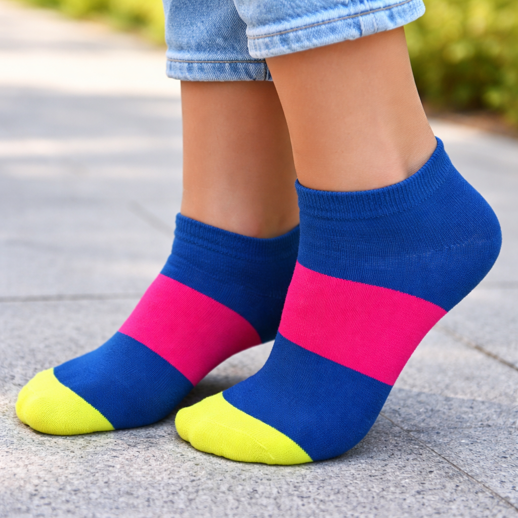 Colorful striped socks with blue, pink, and yellow on a blurred outdoor background