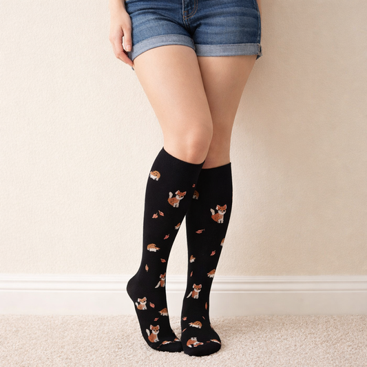 Person wearing black knee-high socks with dog pattern and denim shorts on a plain background