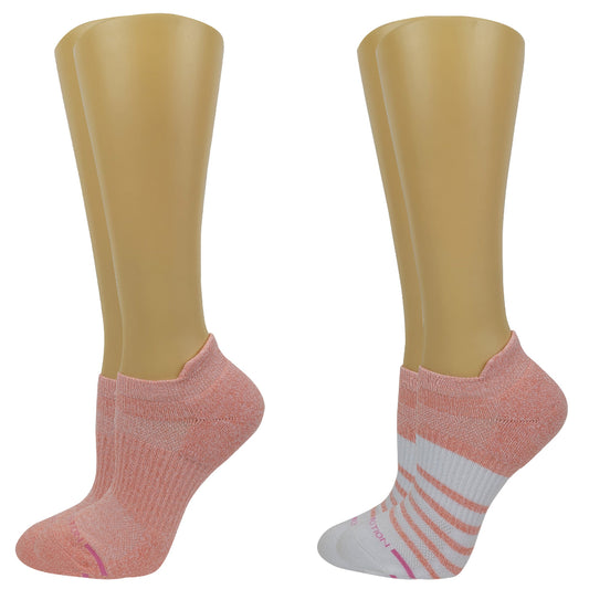 Beige legs with pink and white Ankle compression socks on a white background
