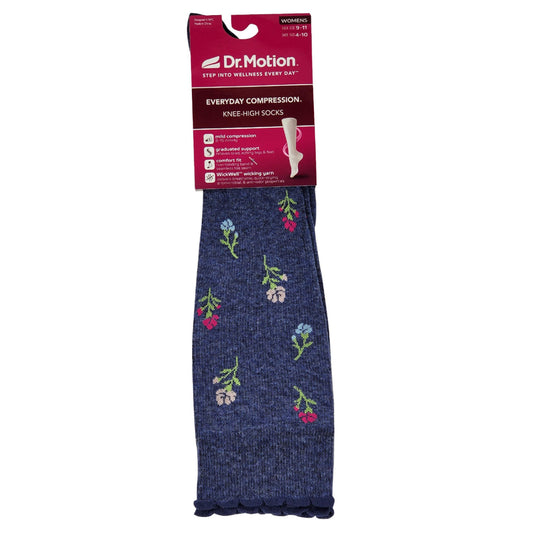 Navy blue compression sock with floral patterns on a white background, featuring Dr. Motion packaging.