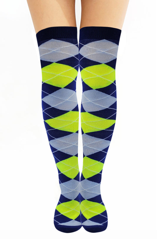 Colorful women’s thigh high socks – multi-argyle fashion design