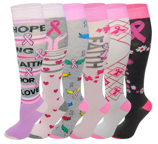 Women 6 pairs Breast Cancer Awareness Knee High Socks