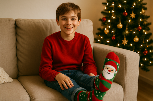 Close-up of kids fuzzy Christmas socks showing soft fleece texture