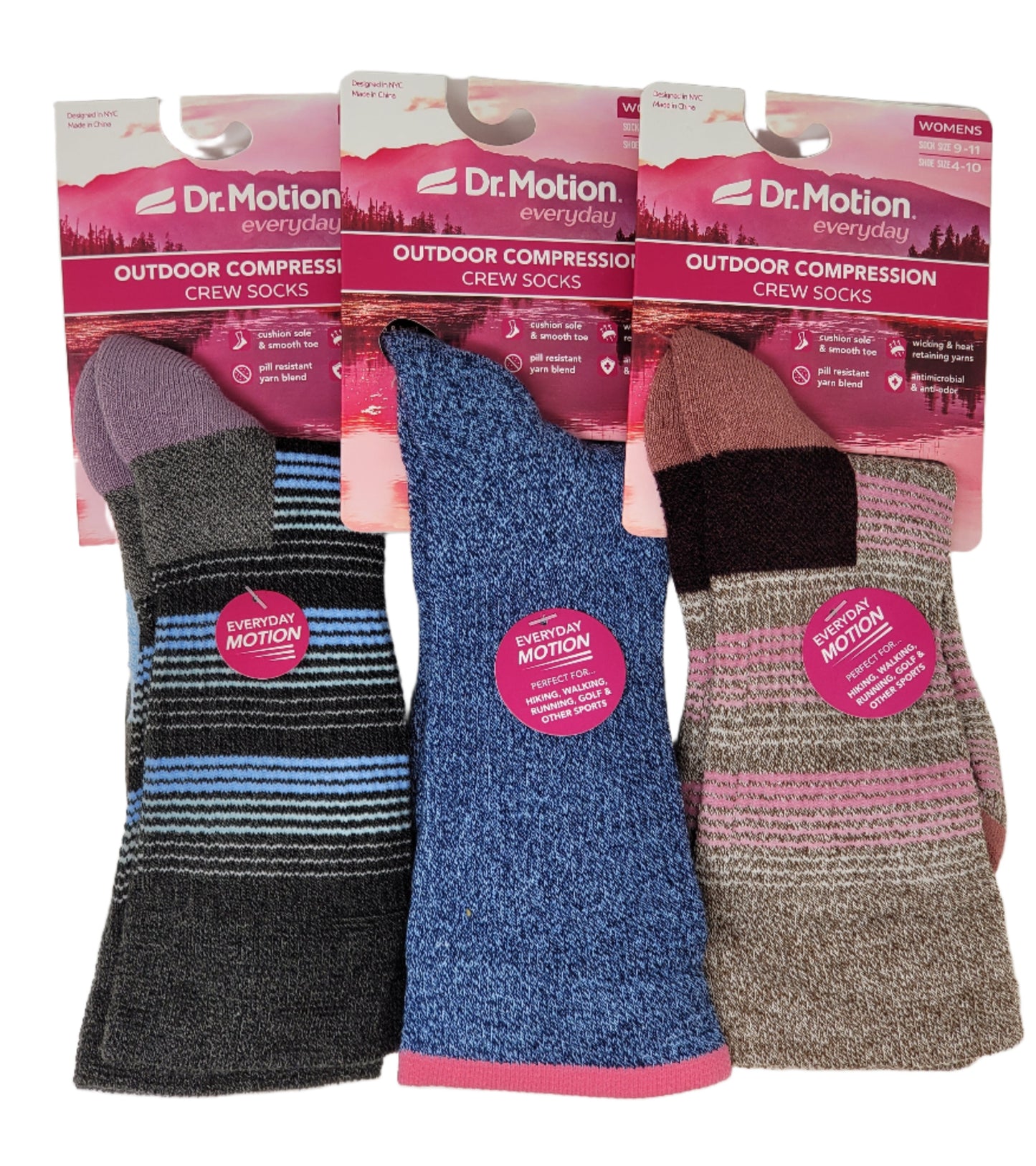 Compression Crew Socks | Outdoor Assorted Half-Cushion | Dr Motion ( 3 Pairs )