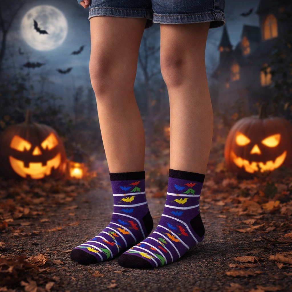Person wearing colorful Halloween-themed socks with pumpkins and bats in the background.