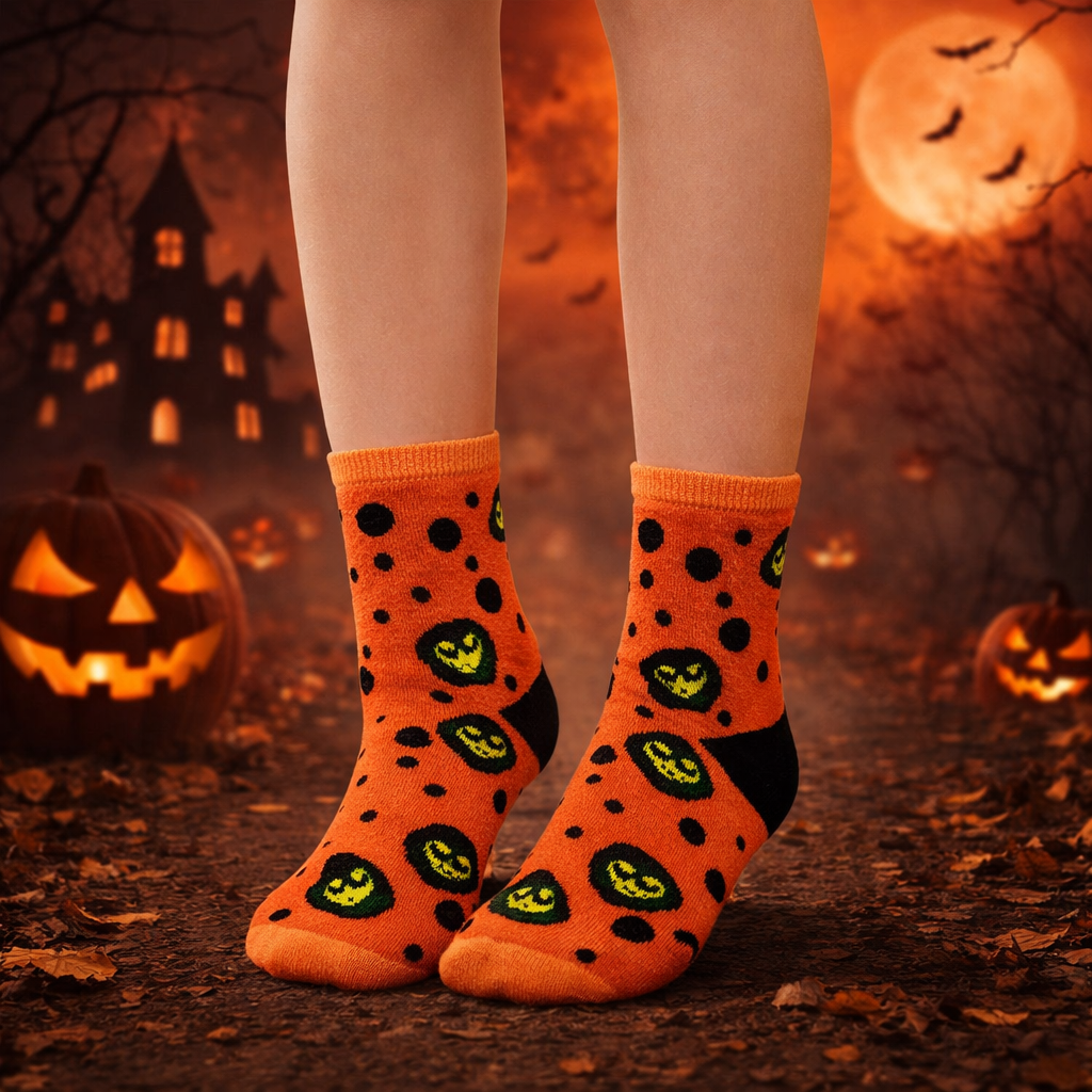 Orange socks with black polka dots and green pumpkins against a Halloween-themed background.