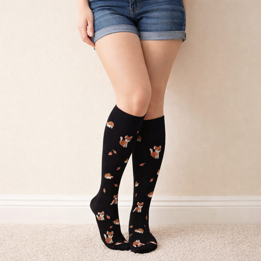 Person wearing black knee-high socks with dog pattern and denim shorts on a plain background