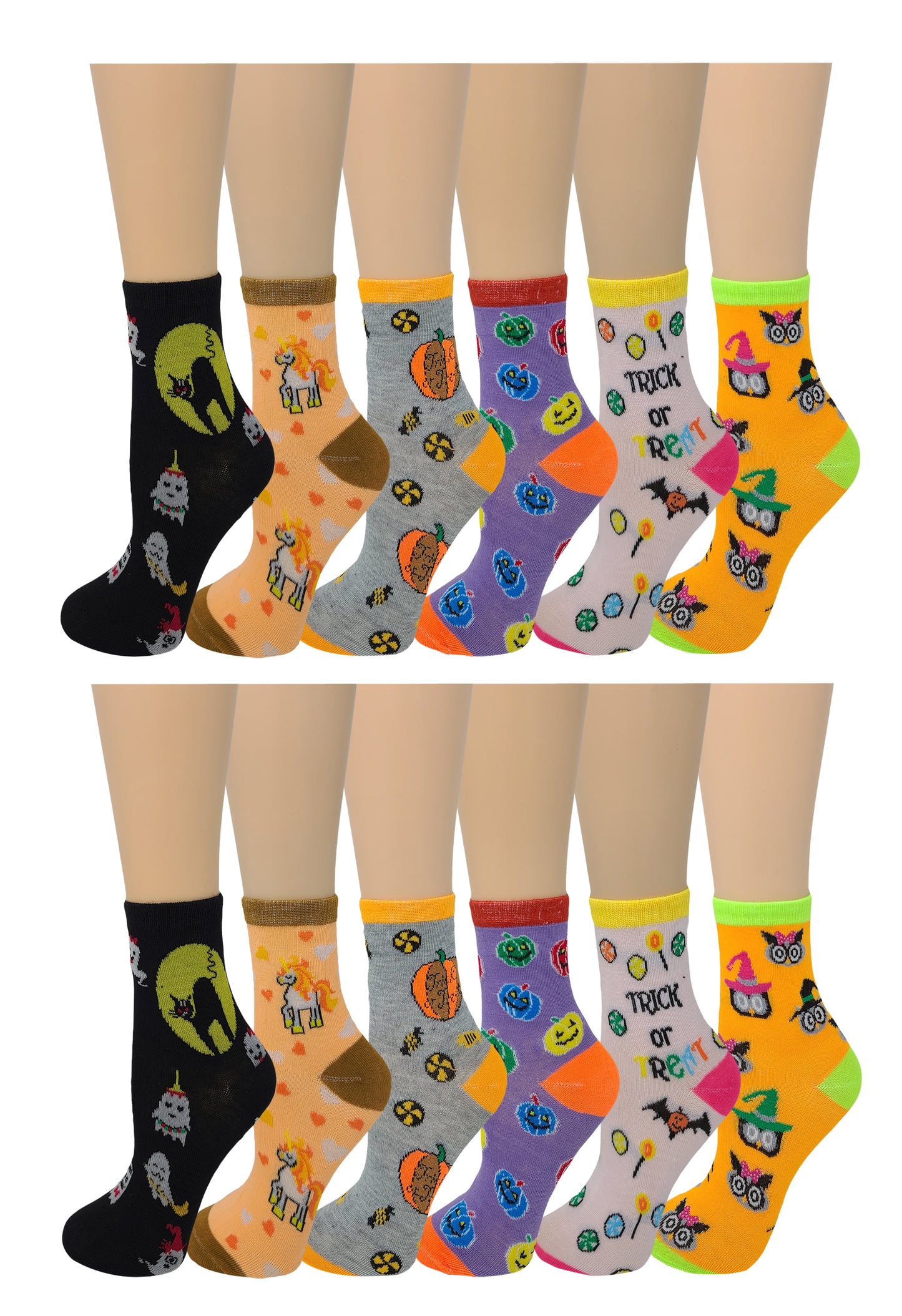 Girls Crew Socks | Halloween Fancy Design | Kids (12 Pairs)