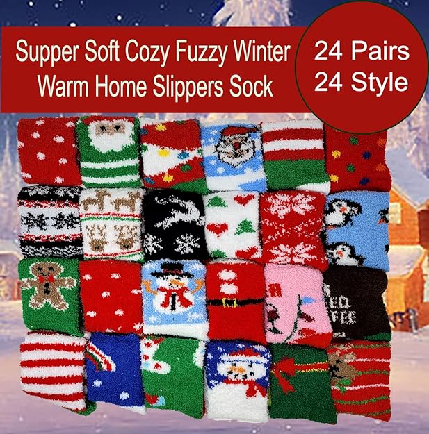 Bulk Lot Non-Skid Slipper Socks | Christmas Cozy Fuzzy Home Socks | Women (24 Pairs)