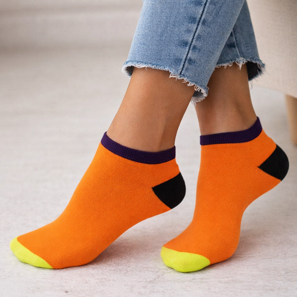 Orange socks with black accents worn by a person in light blue jeans.