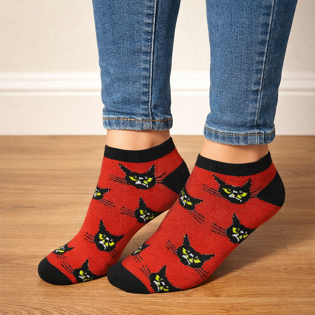 Woman wearing Halloween ankle socks while walking outdoors