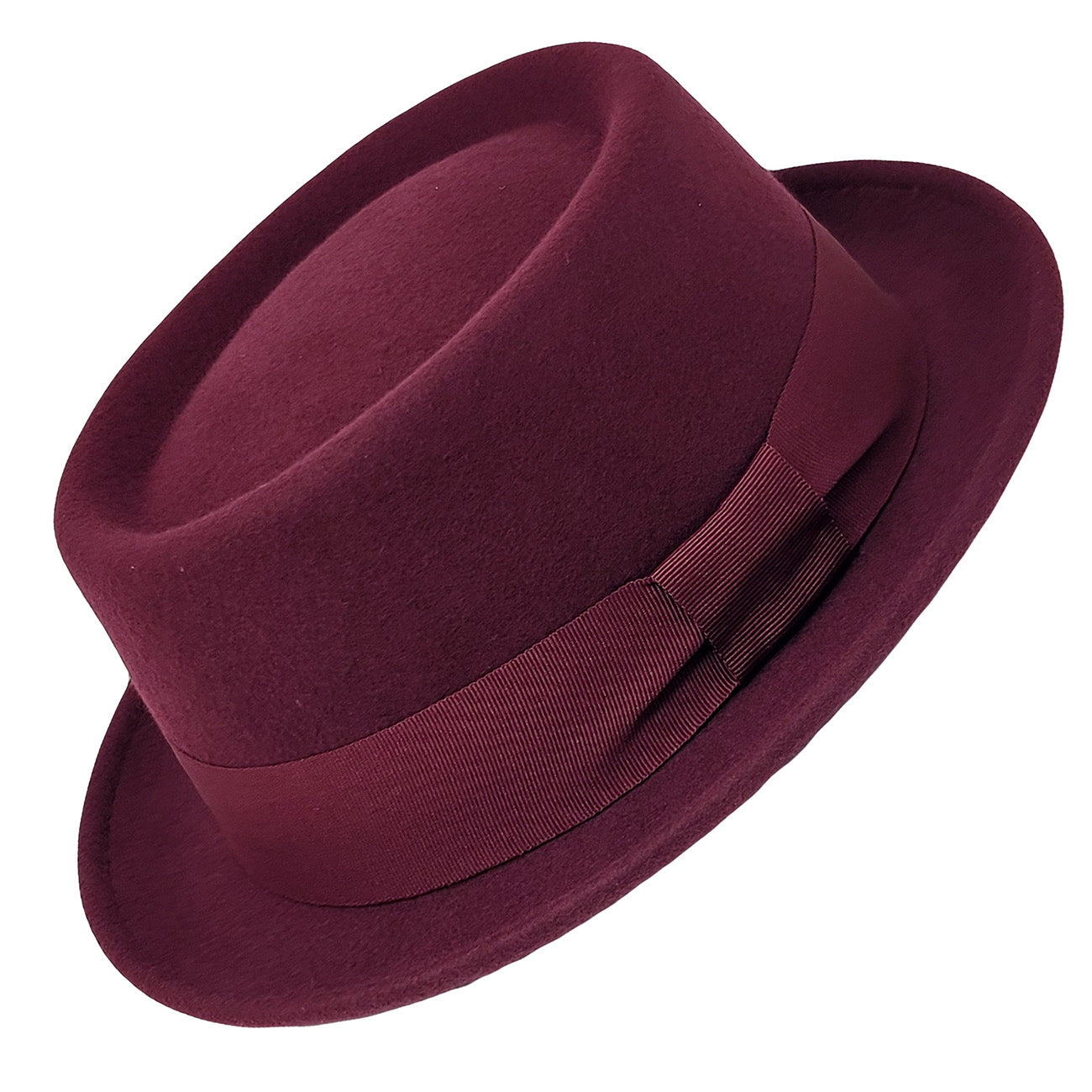 burgundy fedora hat with a ribbon on a white background