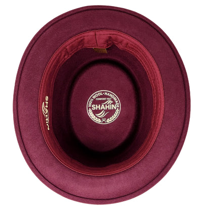 Maroon fedora hat with 'Shahin' branding on a white background