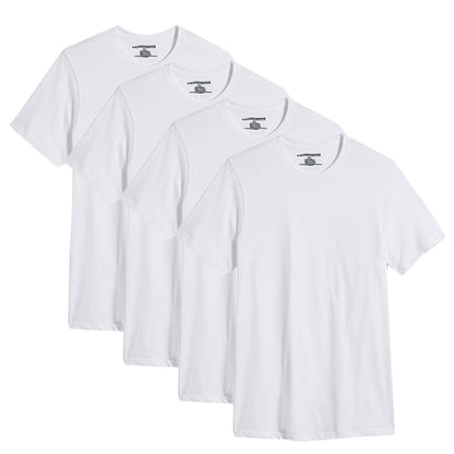 Four white t-shirts stacked on a white background