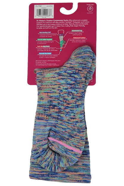 Multicolored Crew Dr. Motion Compression sock with pink interior on a white background, packaging visible.