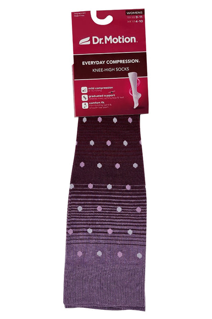 Close up of dots on ombre knee high Dr. Motion compression socks smooth reinforced toe