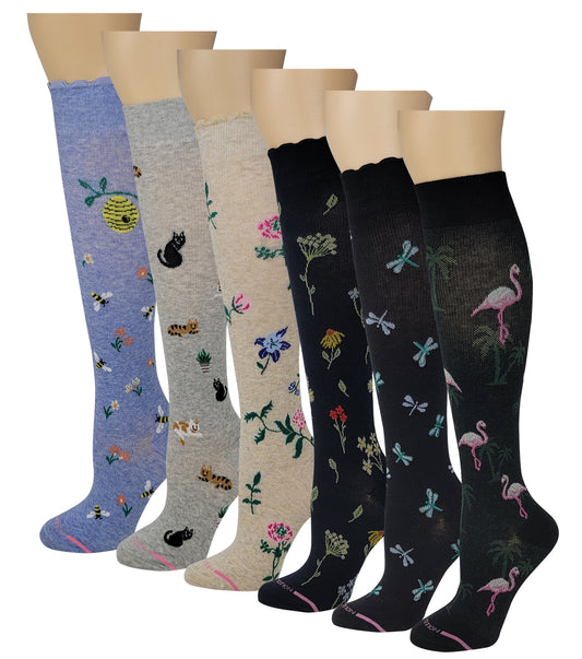 Knee High Compression Socks | Dr. Motion Assorted Novelty Colors | Women (6 Pairs)