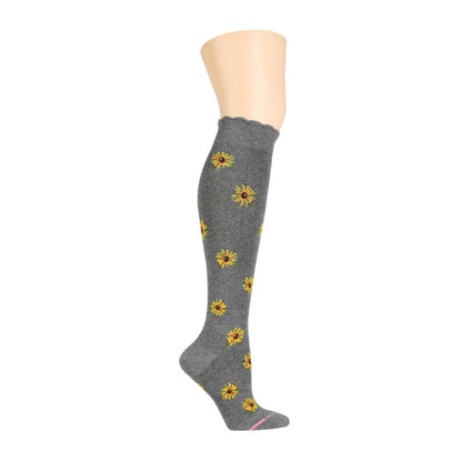 Compression Knee High Socks for Women | Sunflower Design | Dr. Motion (8–15 mmHg)