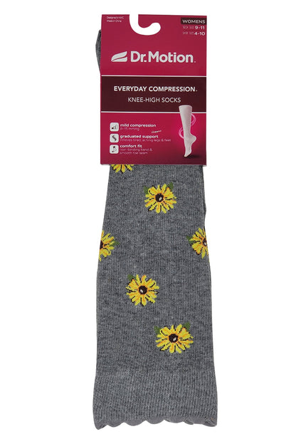 Women’s sunflower knee high compression socks with mild 8–15 mmHg support by Dr. Motion”