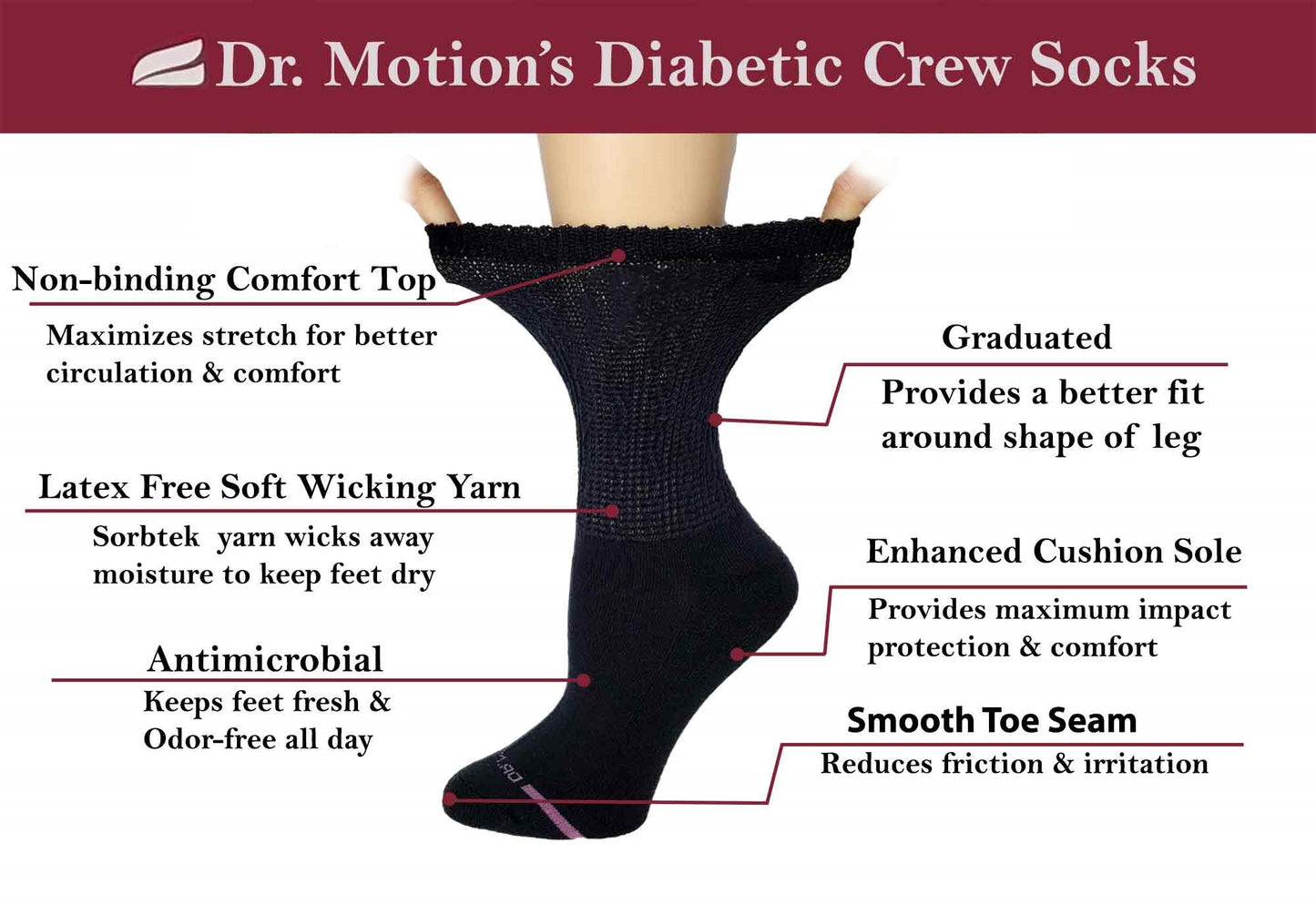 Crew Diabetic Socks | Black White Half-Cushion | Dr Motion ( 4 Pack )