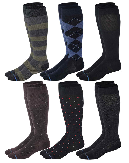 Knee-High Compression Socks | Assorted Design | Dr Motion Men's (6 Pairs)