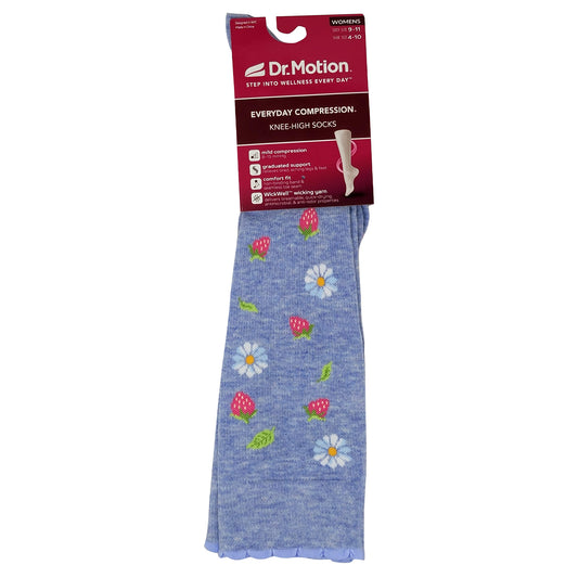 Pair of blue compression socks with floral designs on a white background, featuring Dr. Motion packaging.