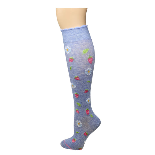 Dr. Motion Women’s floral strawberry knee-high compression socks with ruffles