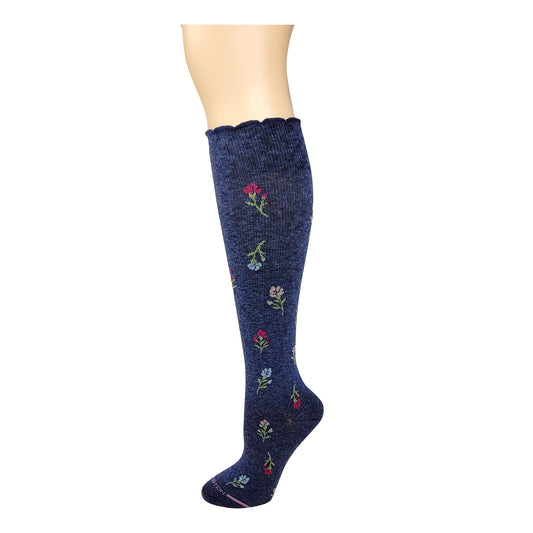 Navy blue compression knee-high sock with floral embroidery on a white background