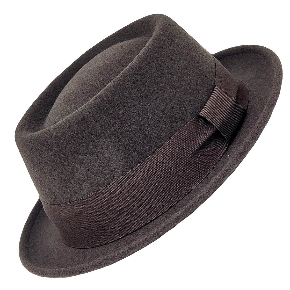 Brown fedora hat with a ribbon on a white background