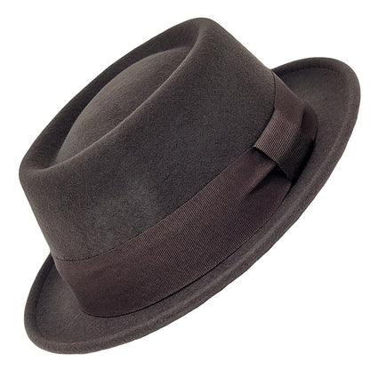 Brown fedora hat with a ribbon on a white background