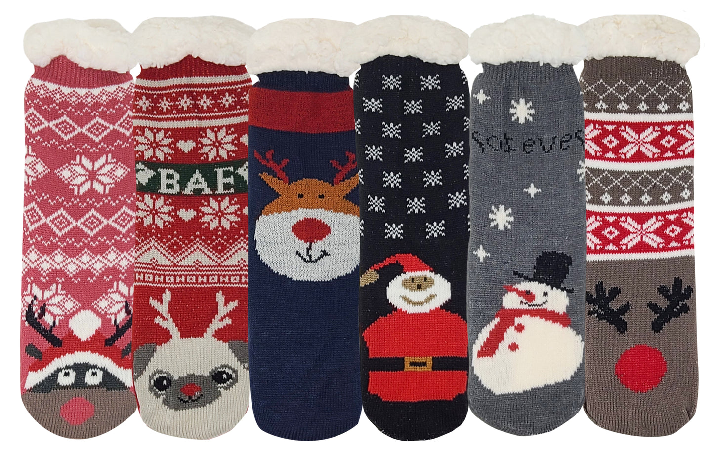 Non-Skid Slipper Socks | Sherpa Fleece Lined with Grippers Christmas | Unisex (6 Pairs)