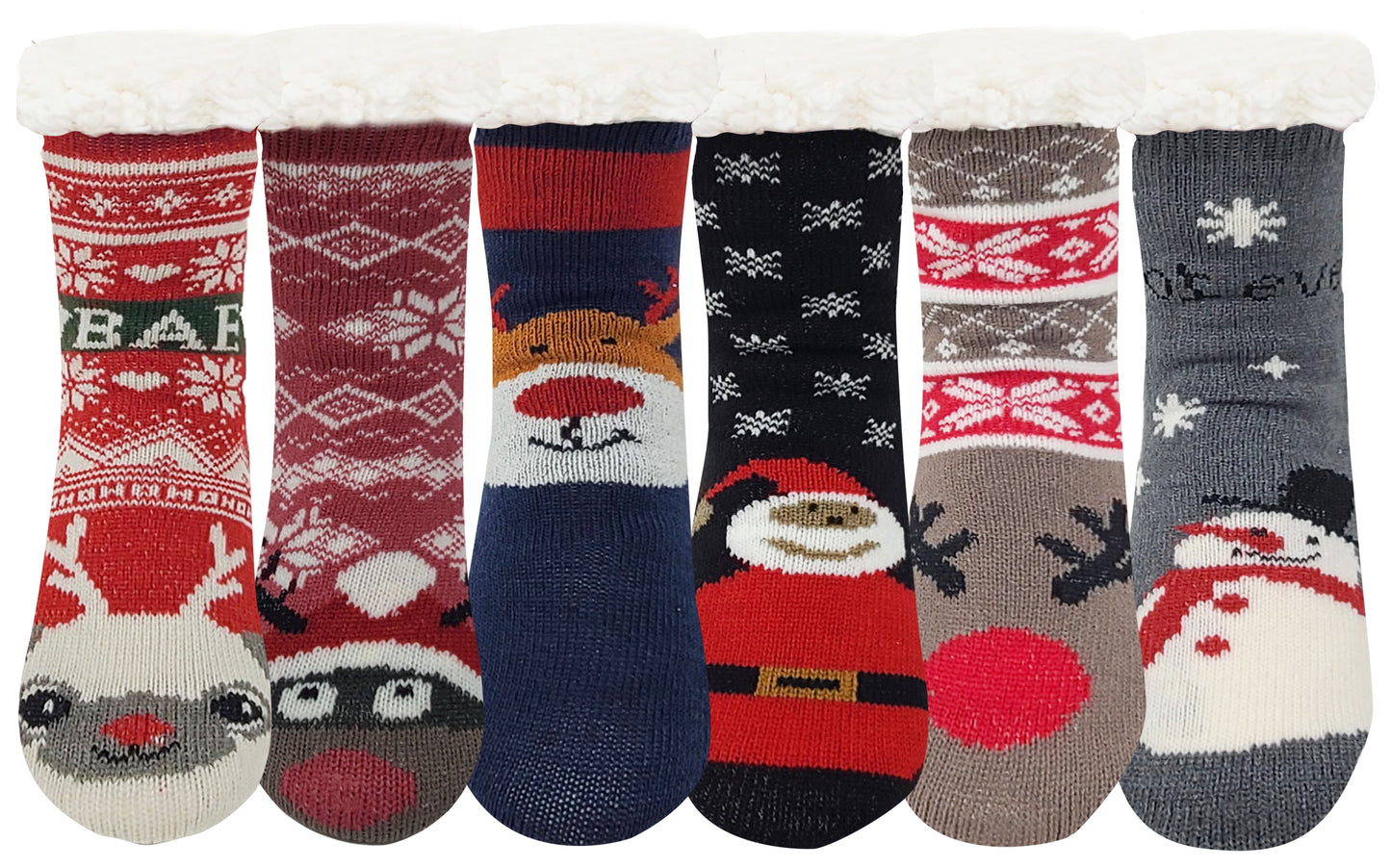 Non-Skid Slipper Socks | Sherpa Fleece Lined with Grippers Christmas | Unisex (6 Pairs)