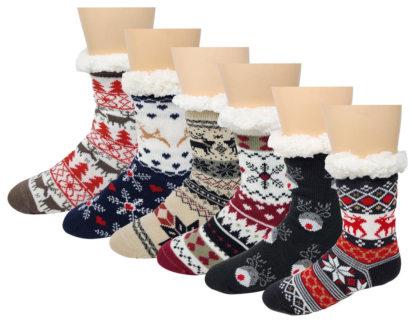 Non-Skid Slipper Socks | Sherpa Fleece Lined with Grippers Christmas | Unisex (6 Pairs)