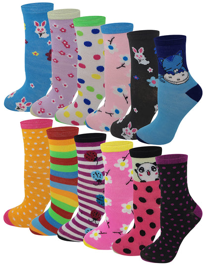 Girls novelty crew socks with pretty fun designs – 12-pair pack