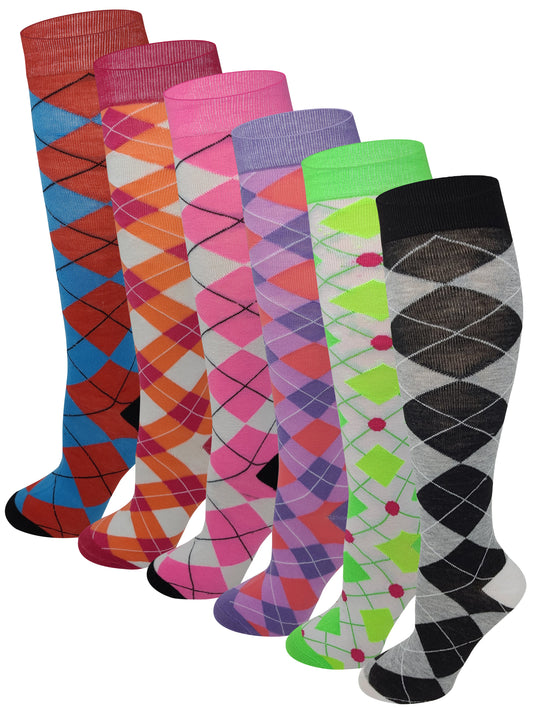 Knee High Socks | Fancy Argyle Novelty | Womens (6 Pairs)