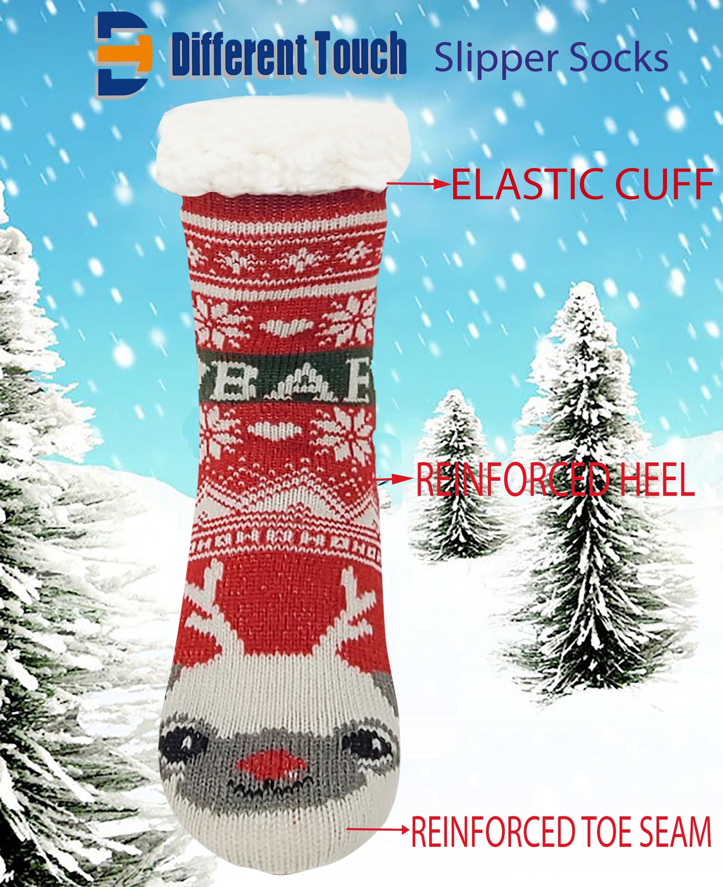 Non-Skid Slipper Socks | Sherpa Fleece Lined with Grippers Christmas | Unisex (6 Pairs)