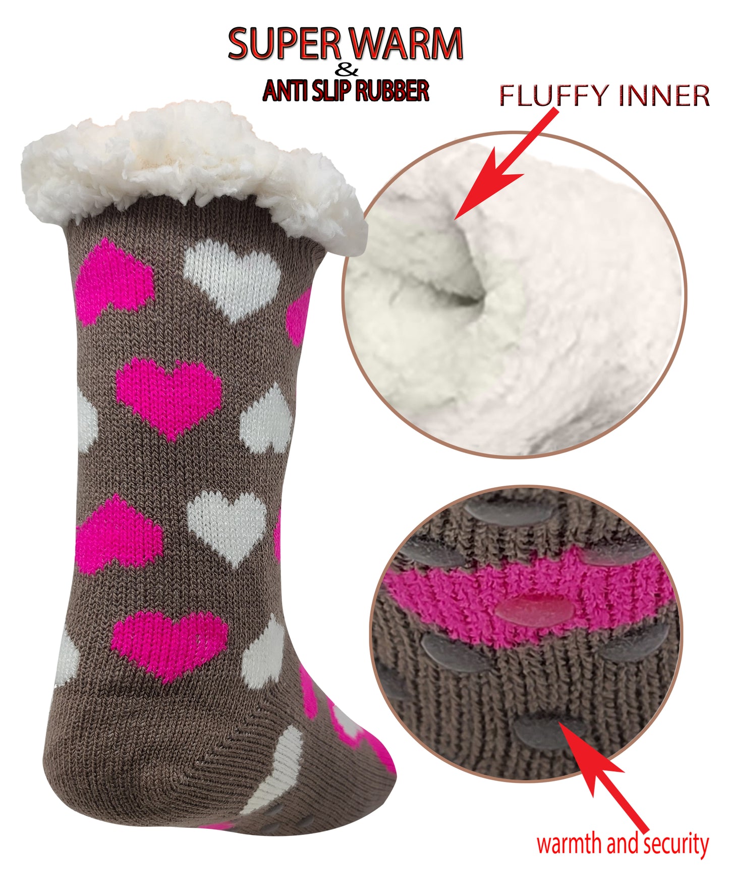 Non-Skid Slipper Socks | Sherpa Fleece Lined with Grippers Christmas | Unisex (6 Pairs)