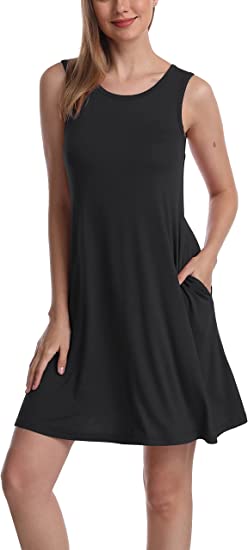 Women's Sleeveless Loose Plain Dresses T Shirt Tank Casual Short Dress with Pockets