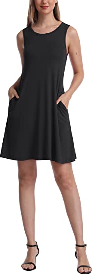 Women's Sleeveless Loose Plain Dresses T Shirt Tank Casual Short Dress with Pockets