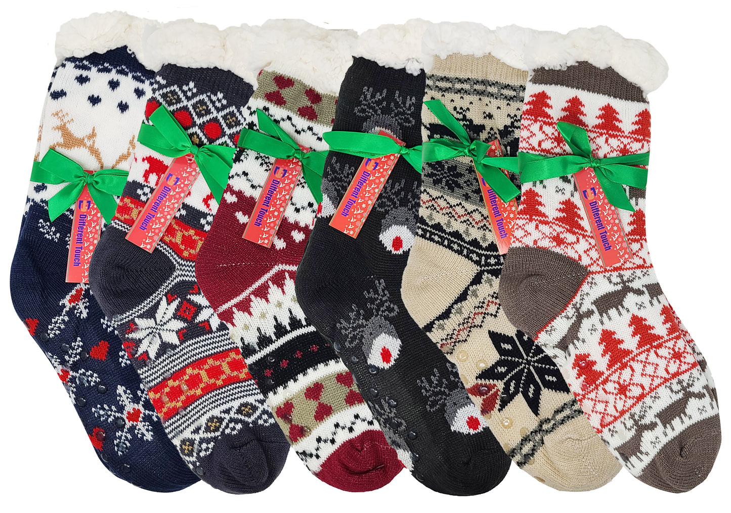 Non-Skid Slipper Socks | Sherpa Fleece Lined with Grippers Christmas | Unisex (6 Pairs)