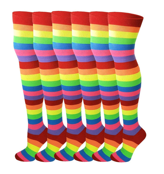 Thigh High Over the Knee Socks | Neon Rainbow Wide Stripes | Women (6 Pairs)