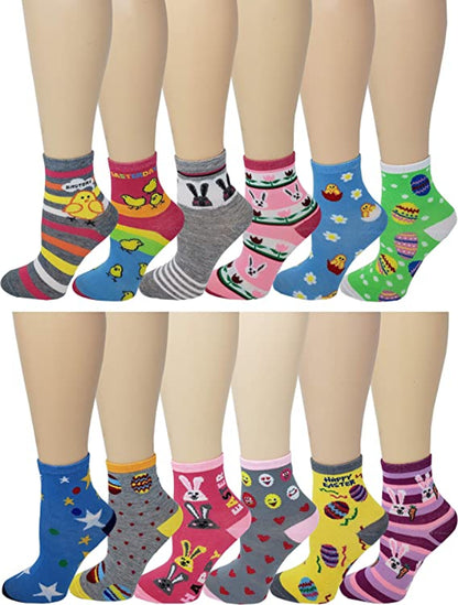 Girls Easter crew socks with cute spring designs – 12-pair pack