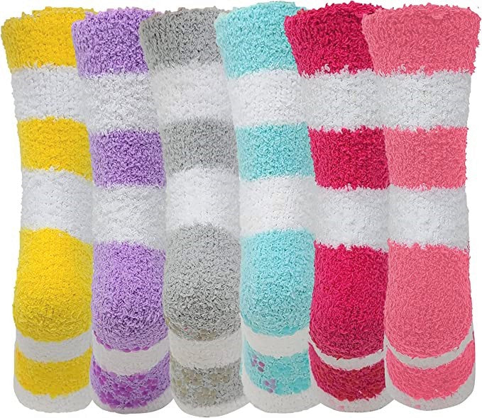 Non-Skid Home Slipper Socks | Super Soft Stripes Design | Women (6 Pairs)