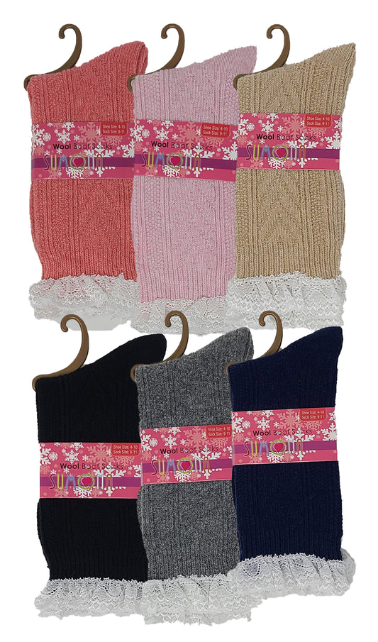 Winter Boot Crew Socks | Cable Knit with Lace | Women (6 pairs)