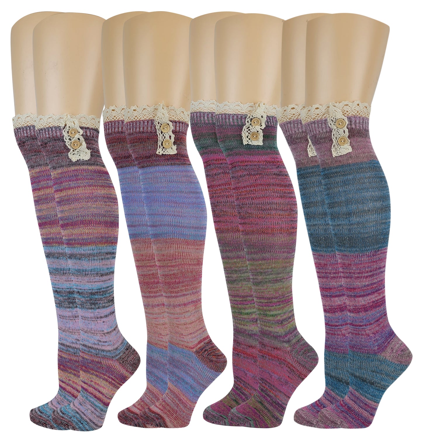 Over the Knee Socks | Assorted Color with Buttons and Lace (4 Pairs)