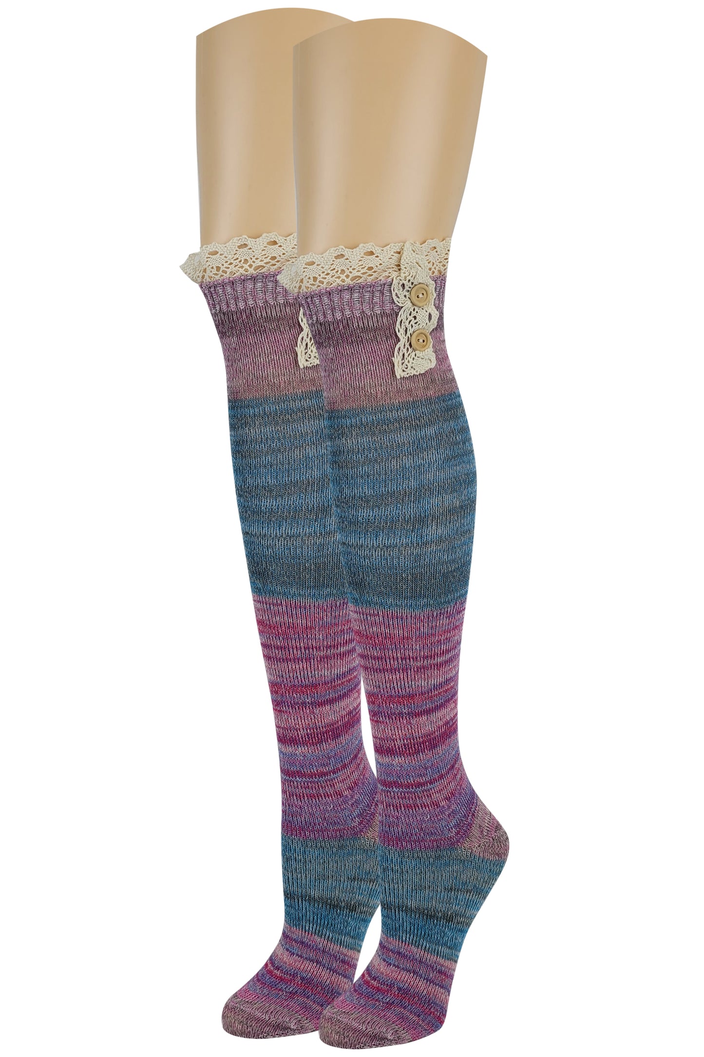 Over the Knee Socks | Assorted Color with Buttons and Lace (4 Pairs)