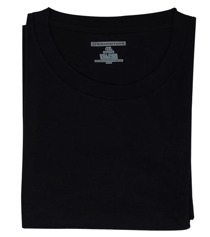 Folded black t-shirt with brand labels on a white background