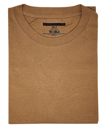 Folded brown t-shirt with size label on a white background