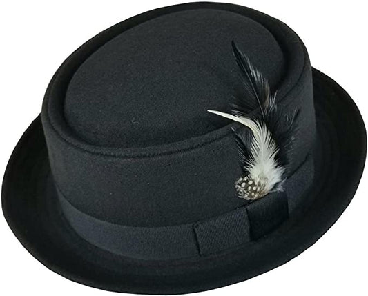 Round Top Pork Pie Fedora Hat | Short Brim with Feather | Men's